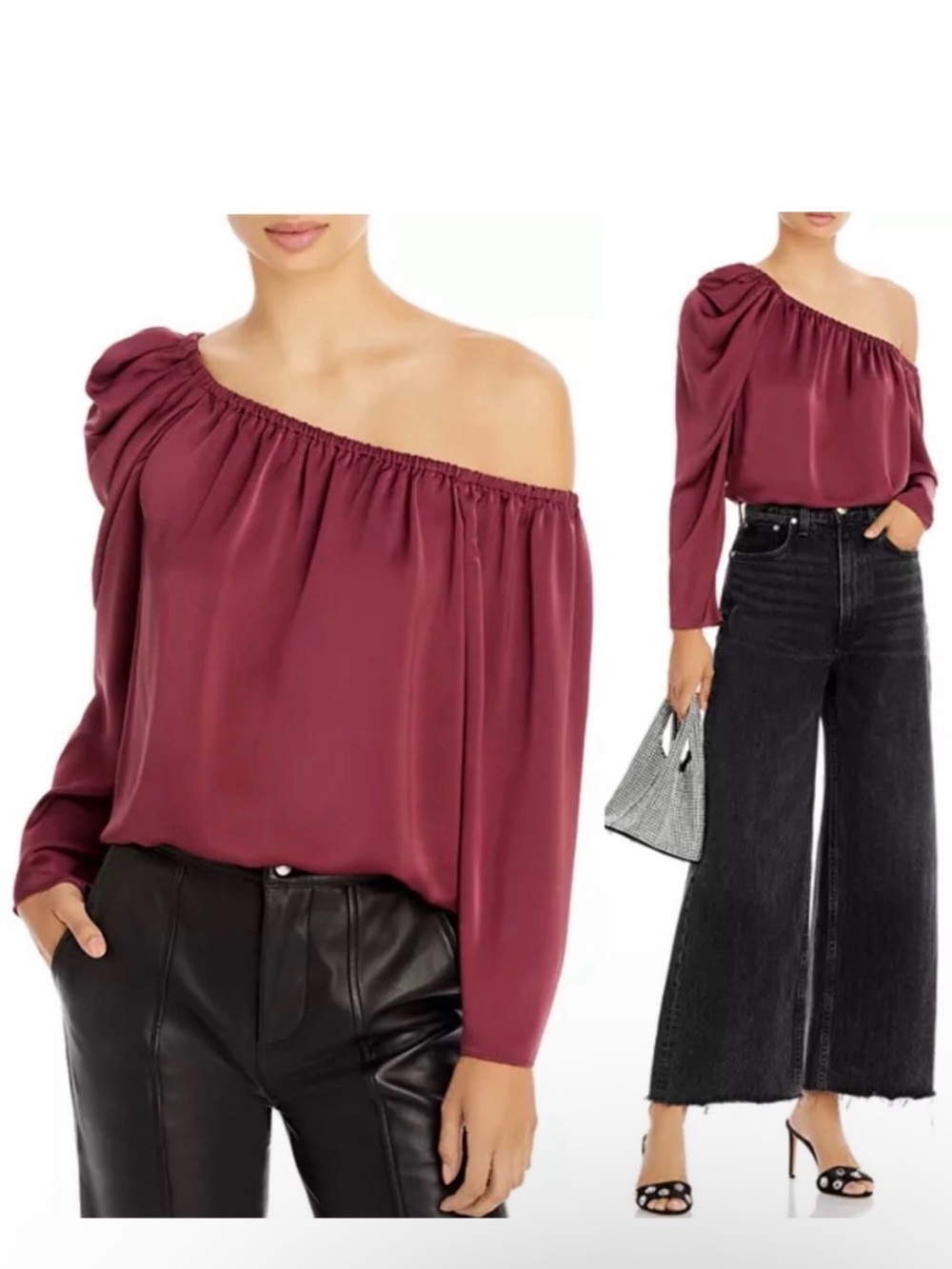 Ramy Brook Illeana One Shoulder Long Sleeve Blouse Top NWT Red Burgundy Formal